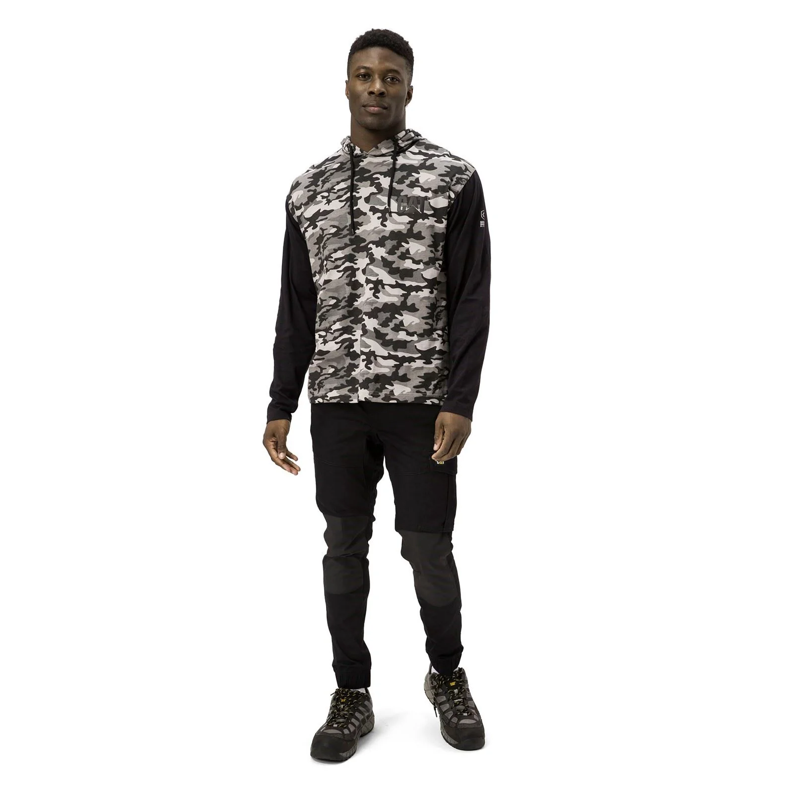 Caterpillar Men's Hooded Long Sleeve Tee in Stone Camo