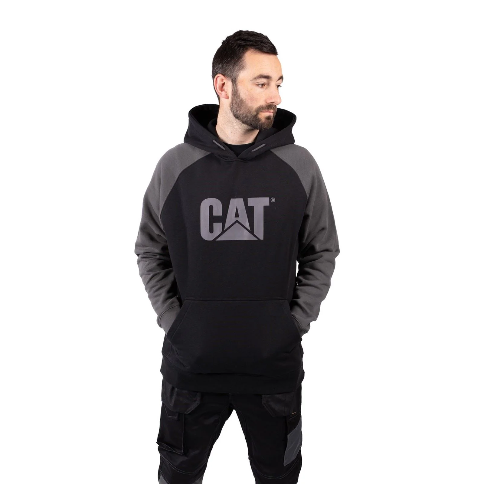 Caterpillar Men's Raglan Hooded Sweatshirt in Black/Magnet