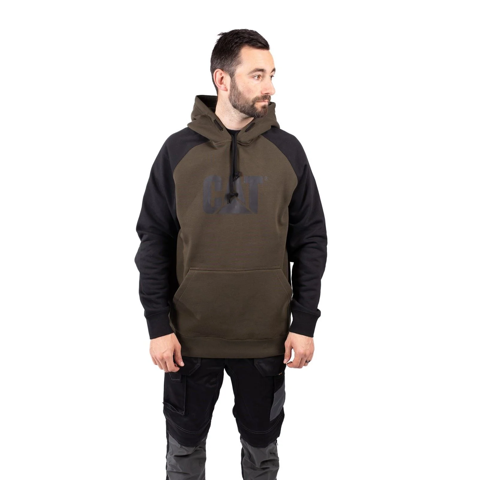 Caterpillar Men's Raglan Hooded Sweatshirt in Army Moss/Black