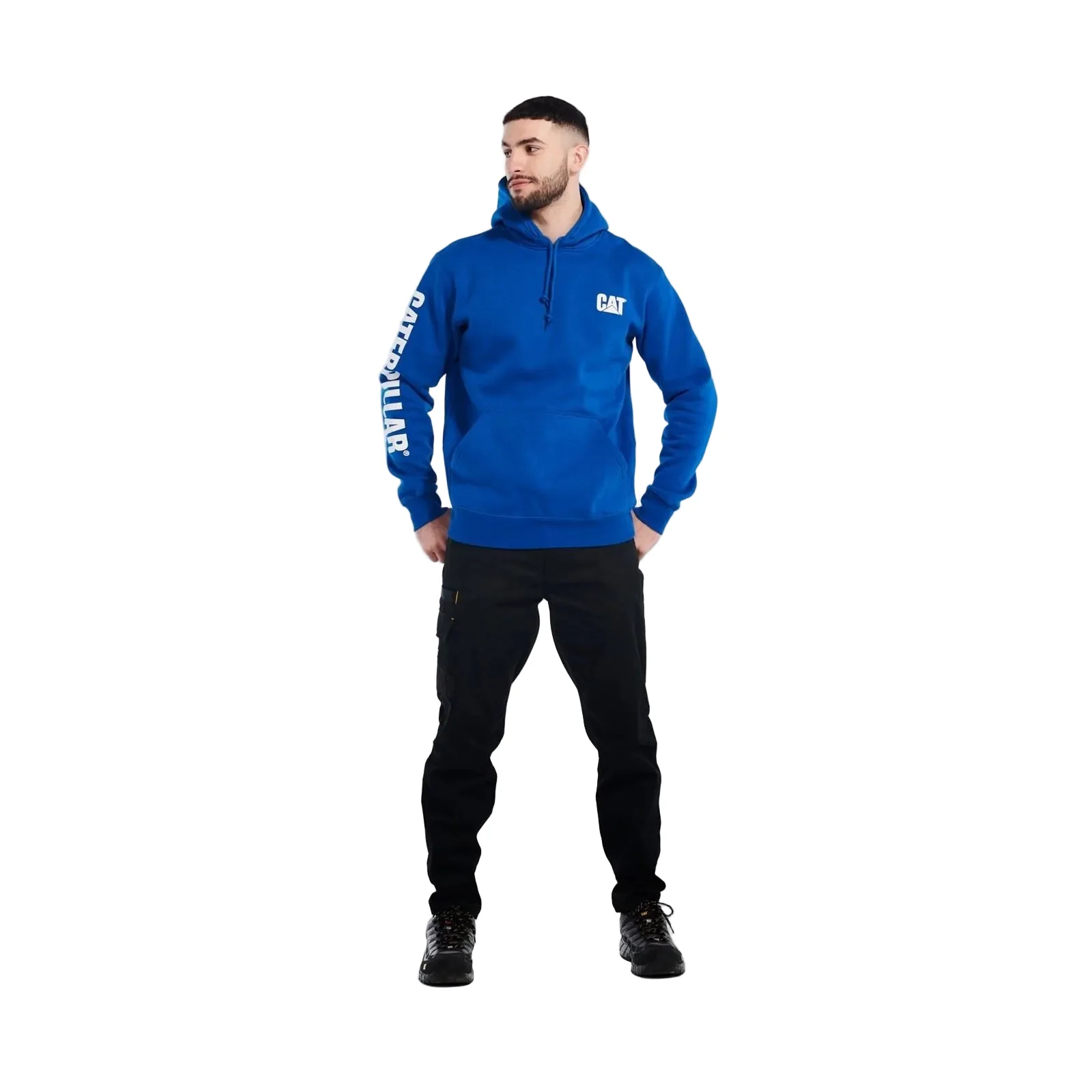 Caterpillar Trademark Banner Cotton Men's Blue Hooded Sweatshirt - Image 4