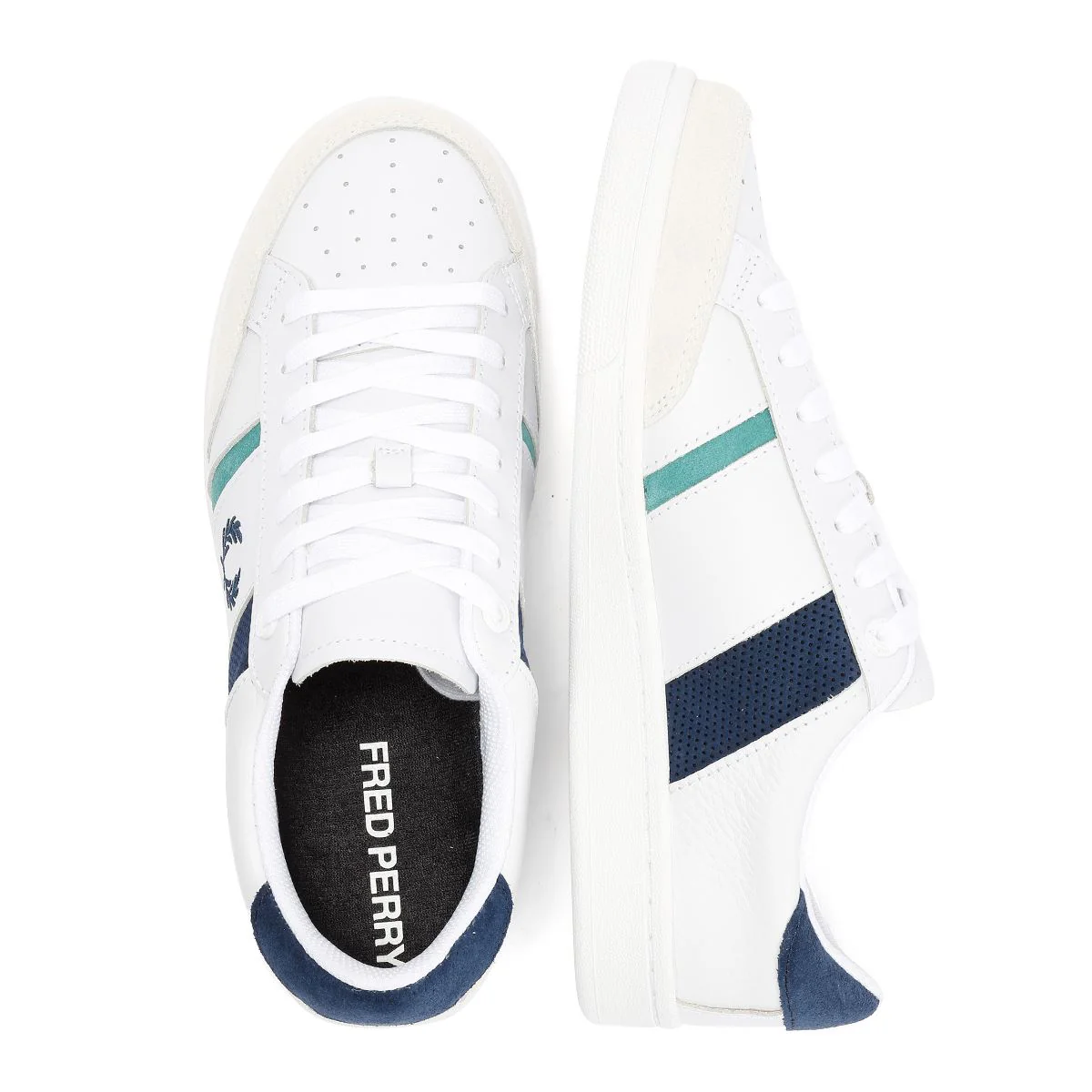 Fred Perry B725 Leather Suede Men's White/Navy/Mint Trainers - Image 8